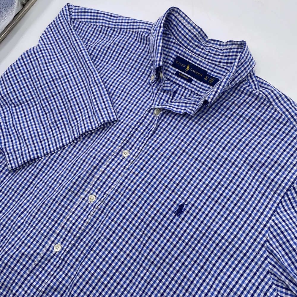Polo Ralph Lauren Seersucker Gingham Shirt Mens XLT Blue White Short Sleeve Tall